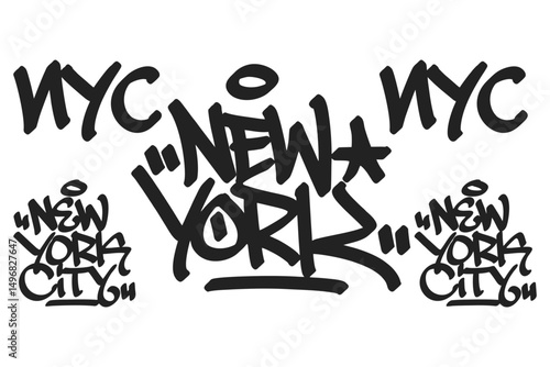 New York NYC graffiti tag in bold black lettering on white background. Clean urban style, iconic for city culture, hip hop roots, and creative street art projects.