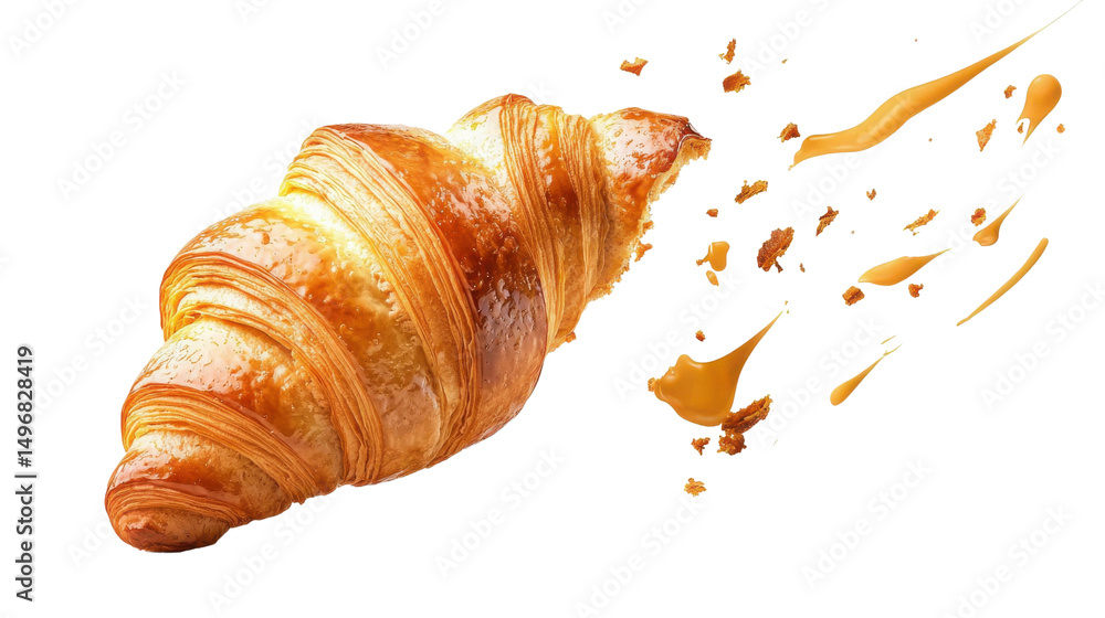 A mouthwatering golden brown croissant with a flaky buttery exterior sits atop a plain white background inviting the viewer to imagine its warm delicious aroma and satisfying texture A mouthwatering golden brown croissant with a flaky buttery exterior sits atop a plain white background inviting the viewer to imagine its warm delicious aroma and satisfying texture