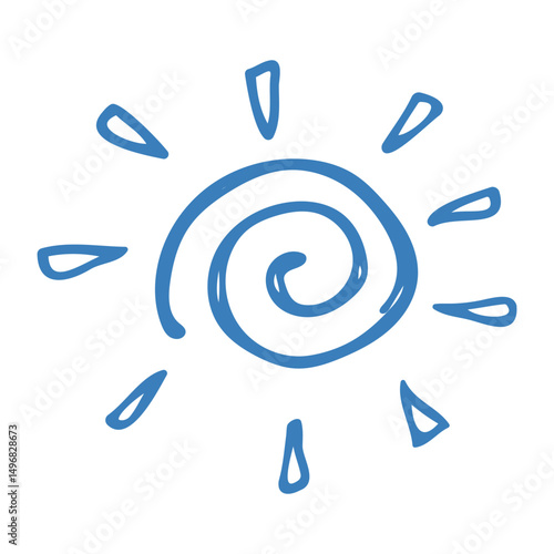 Hand drawn blue sun icon in doodle style. Mediterranean summer element for italian menu, wedding, prints, invitation. Ink sketch design of summer beach. Flat tropical minimalist isolated vector illust
