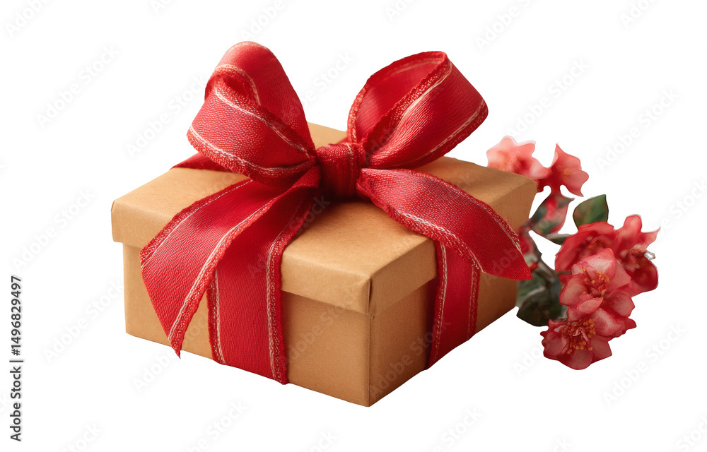 Obraz premium [Transparent Background PNG]Gift Box with Red Ribbon and Flowers