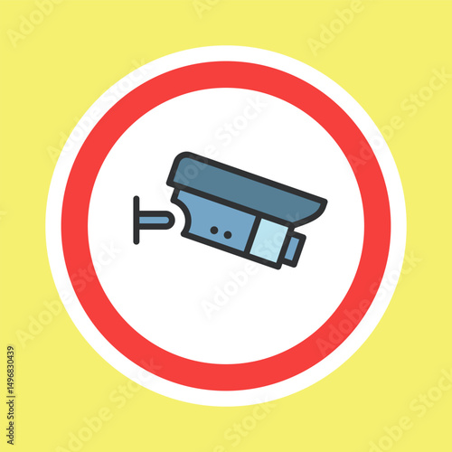 Video surveillance label, CCTV camera sticker made flat color style, vector illustration