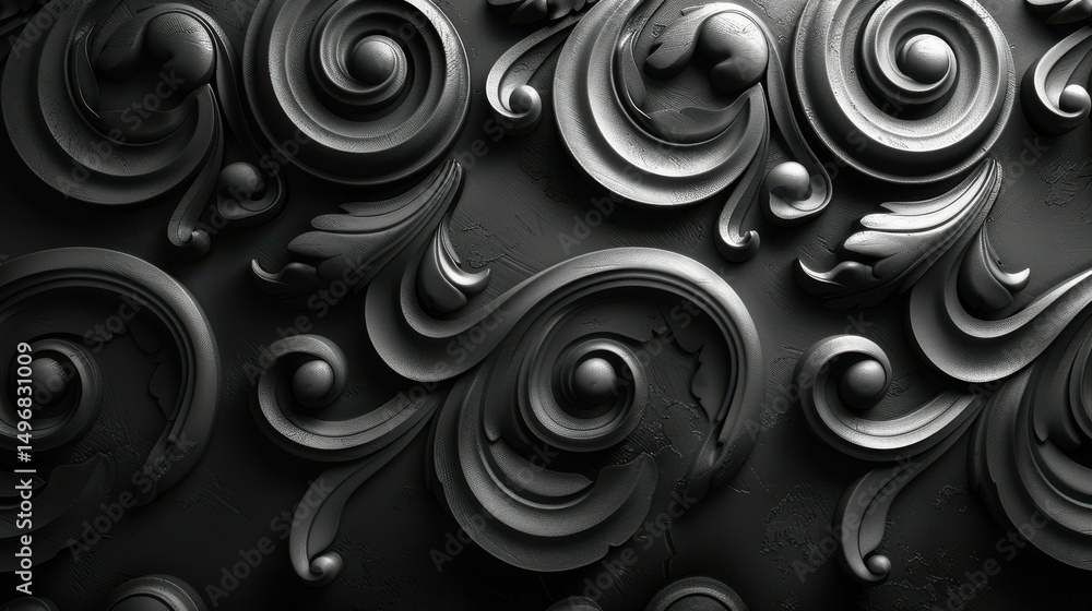 Close up of intricate black and gray floral swirl pattern with textured background Close up of intricate black and gray floral swirl pattern with textured background