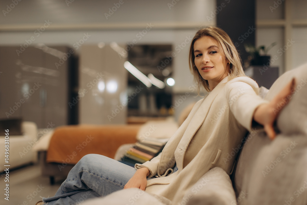 Obraz premium Woman Relaxing on a Comfortable Sofa in a Modern Stylish Living Room