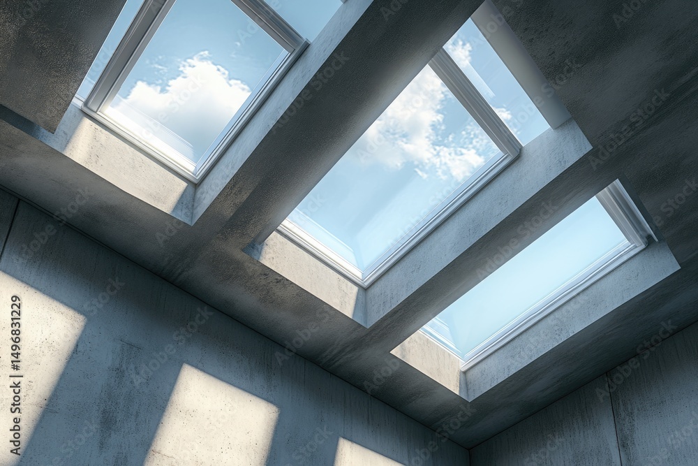 Obraz premium Concrete ceiling with skylights, sunbeams