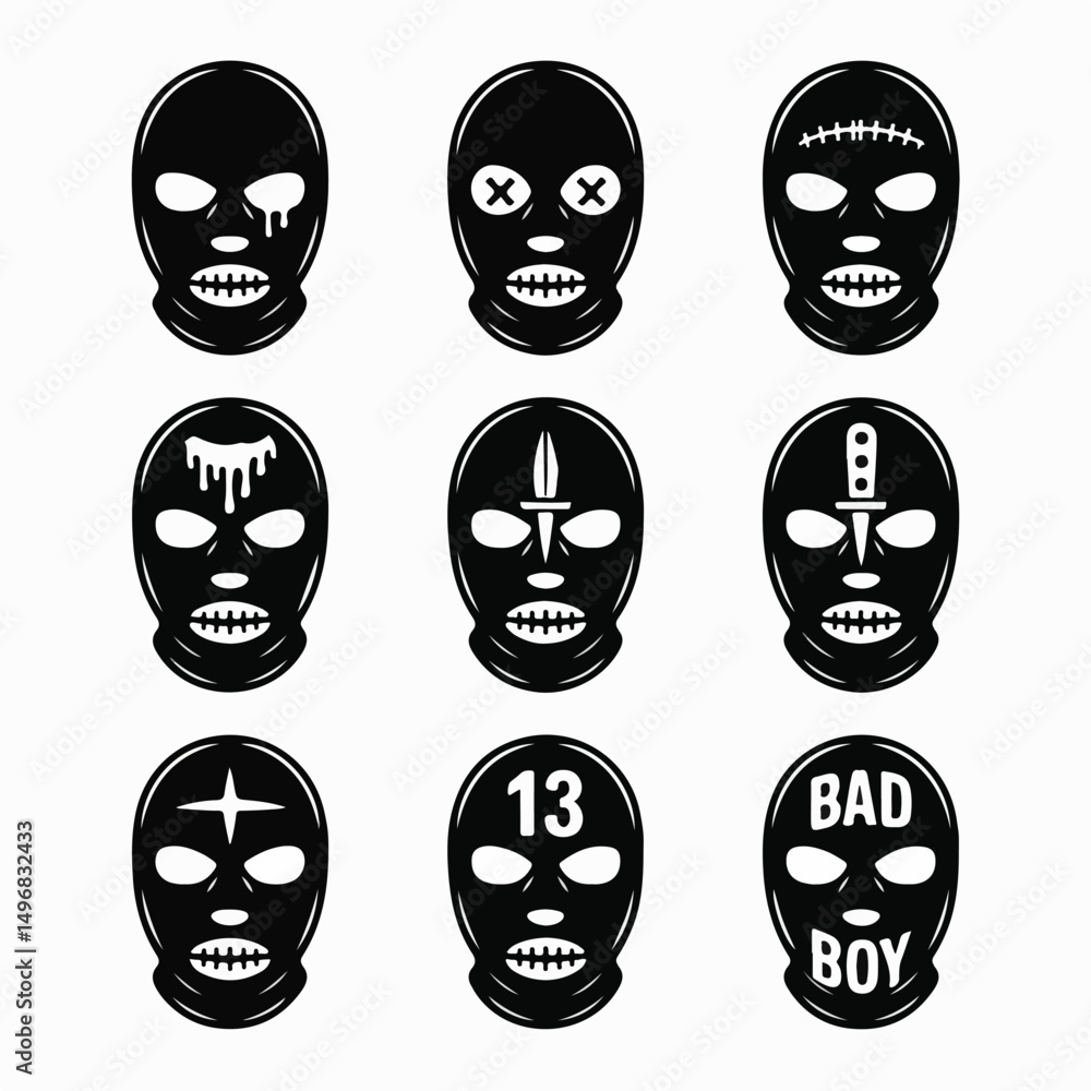 Fototapeta premium Gritty Balaclava Mask Vector Set – Urban Subculture Style