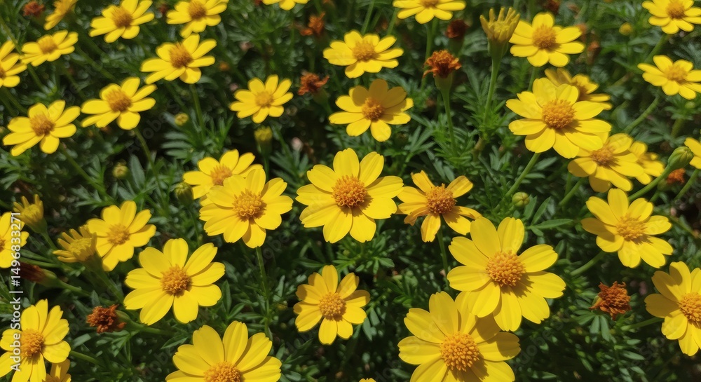 Golden Daisy Field Summer Blooms Abound with Bright Yellow Petals in Sunlight. Golden Daisy Field Summer Blooms Abound with Bright Yellow Petals in Sunlight.