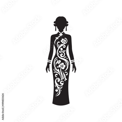 Elegant Cheongsam Qipao Woman Silhouette Vector Design in Classic Chinese Dress with High Collar, Slit Skirt, Graceful Pose and Heels.
