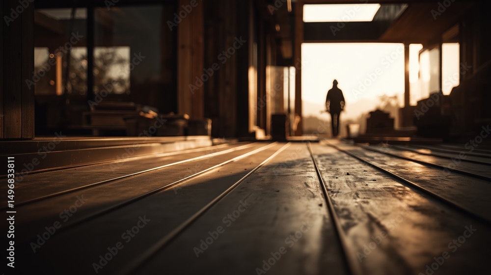 Fototapeta premium Silhouetted figure walking through modern wooden construction site at golden hour with long shadows on floorboards, representing architectural development and construction progress