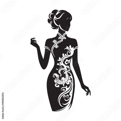 Elegant Cheongsam Qipao Woman Silhouette Vector Design in Classic Chinese Dress with High Collar, Slit Skirt, Graceful Pose and Heels.