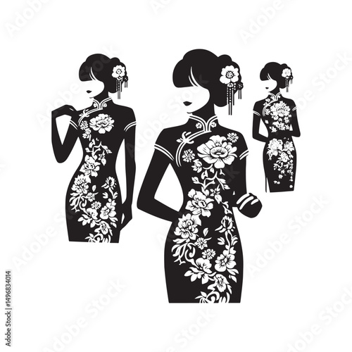Elegant Cheongsam Qipao Woman Silhouette Vector Design in Classic Chinese Dress with High Collar, Slit Skirt, Graceful Pose and Heels.