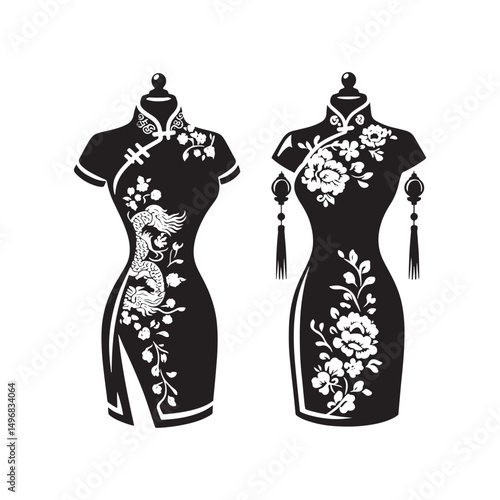 Elegant Cheongsam Qipao Woman Silhouette Vector Design in Classic Chinese Dress with High Collar, Slit Skirt, Graceful Pose and Heels.