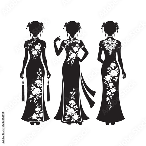 Elegant Cheongsam Qipao Woman Silhouette Vector Design in Classic Chinese Dress with High Collar, Slit Skirt, Graceful Pose and Heels.