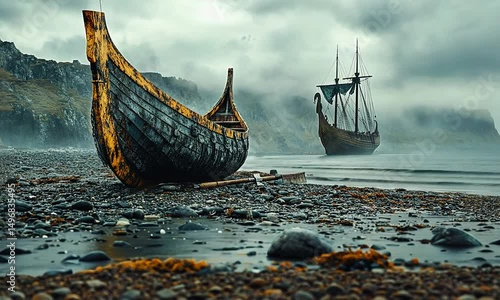 Ancient Viking ships resting on a misty shore, with a dramatic cloudy sky and rocky cliffs