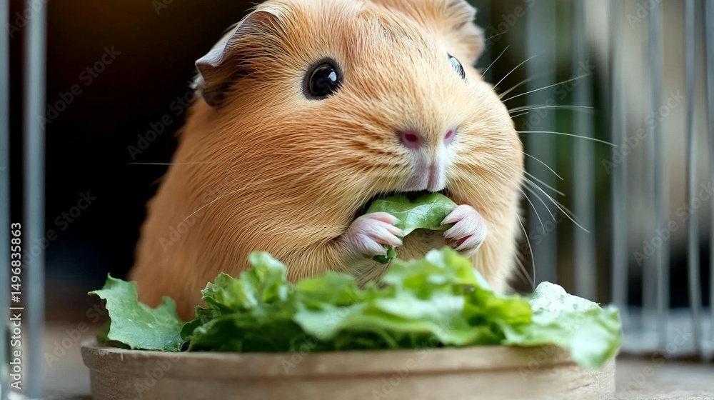 Fototapeta premium Cute guinea pig eating lettuce in a cage (1)