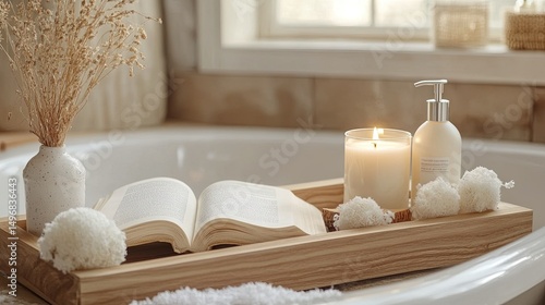 A calming bath scene for self care with a book candle and soft sponges atop a wooden tray captured