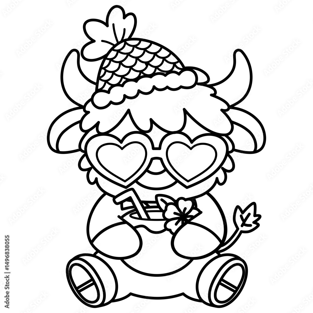 Fototapeta premium cute kawaii Summer Highland Cow outline cartoon doodle coloring illustration