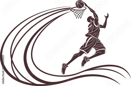 Dynamic basketball player performing a slam dunk in an energetic urban setting during daytime on white background.