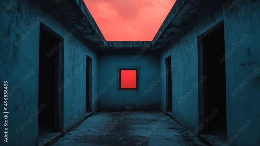 Fototapeta premium Eerie Abandoned Room with Vibrant Red Sky and Blue Atmosphere Creating Surreal Vibes