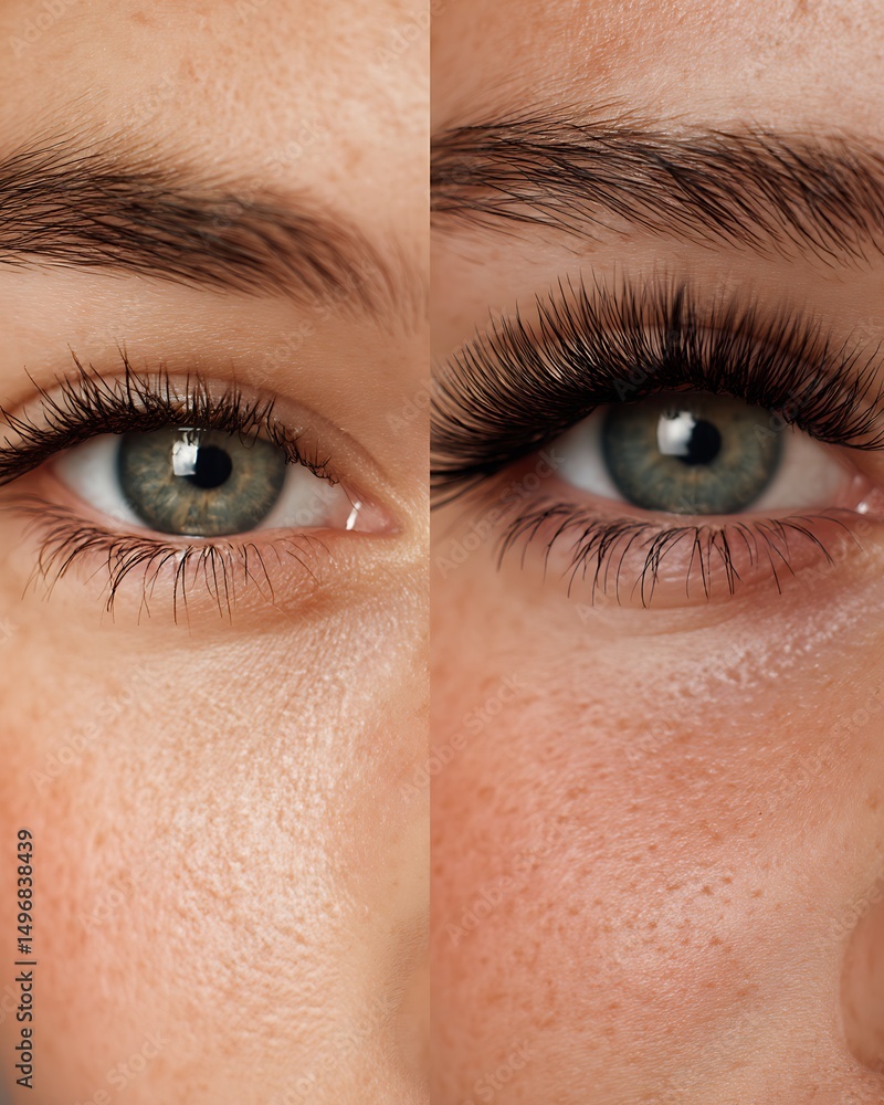 Obraz premium Before and after lash extensions. Left eye: natural short lashes. Right eye: thick, voluminous extensions with dramatic curl. Ideal for lash studio advertisements.