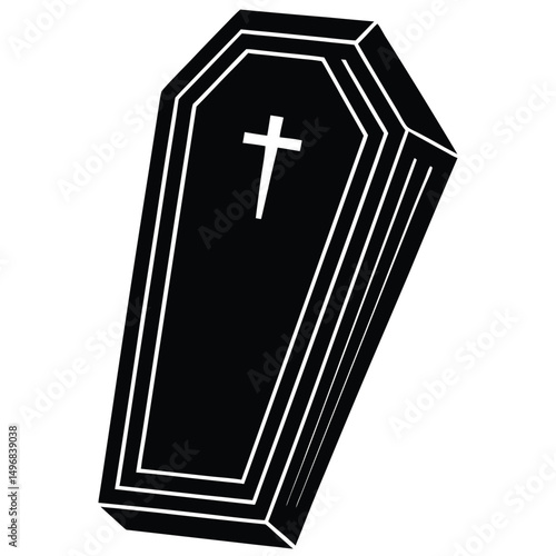 A black coffin with a white cross on the lid is shown upright.