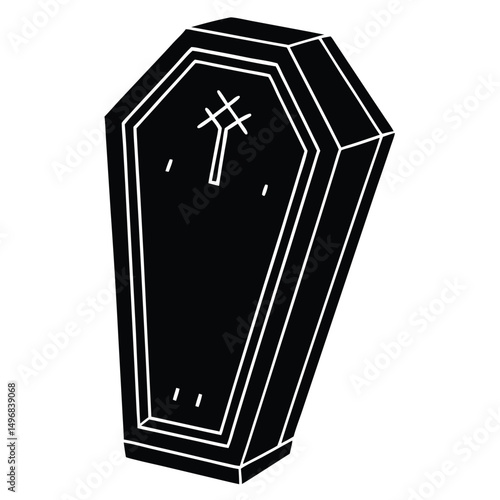 Illustration of a black coffin with white outlines and a cross on the lid