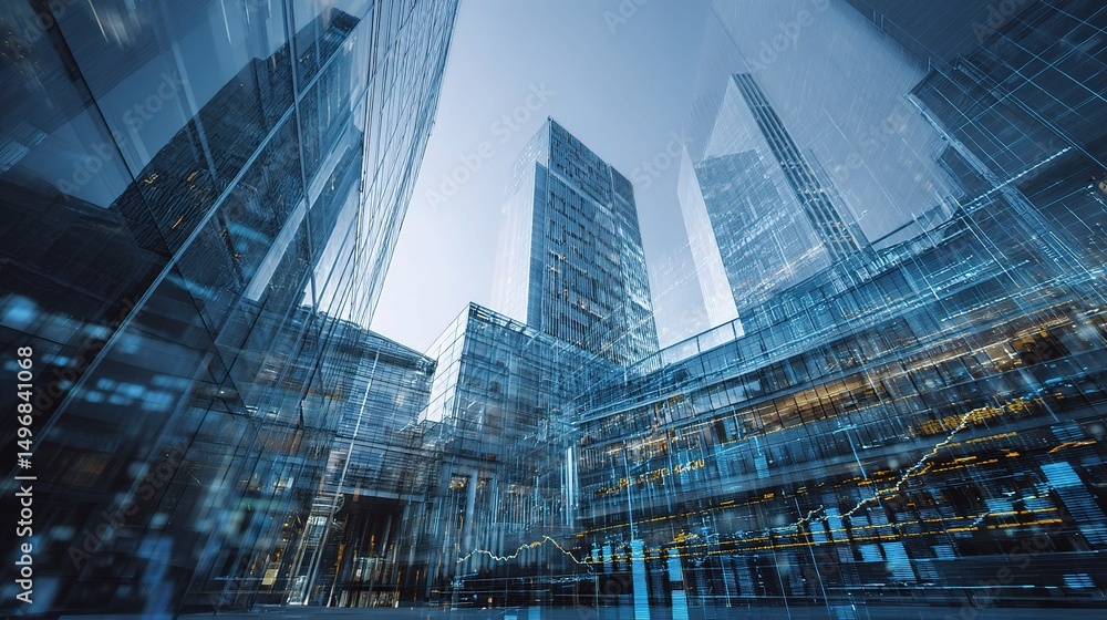 Fototapeta premium Futuristic Financial Office Building with Overlay Data Visualization