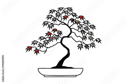 Elegant Bonsai Tree Illustration with Red and Yellow Leaves in Pot