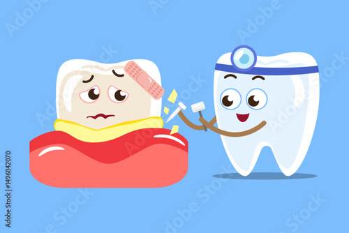 Dental scaling . Tooth in dentist uniform is cleaning tartar . Cartoon characters . Vector .