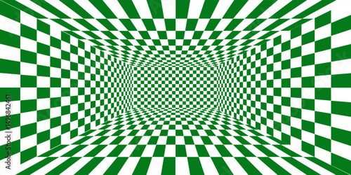 Abstract green and white checkered background. Geometric pattern with visual distortion effect. Checkered wave black white background for sport race championship and business finish success. vector