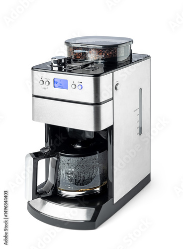 Drip coffee maker with integrated grinder and glass carafe. Digital screen, modern black and steel design, on transparent background png.
