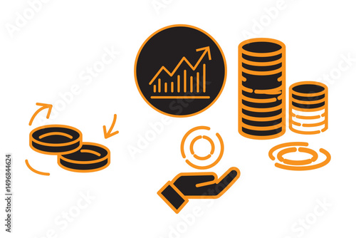 Finance icons. Business Icons, money signs. Money silhouette collection. Wallet with cards icon. Coins silhouette icon. Growth chart. Moneybag or stash. Piggy bank flat style - stock vector.