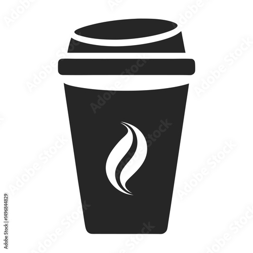 Modern vector icon of a black disposable takeaway coffee cup with a minimalist leaf design, ideal for hot beverages, coffee, and tea.