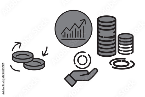Finance icons. Business Icons, money signs. Money silhouette collection. Wallet with cards icon. Coins silhouette icon. Growth chart. Moneybag or stash. Piggy bank flat style - stock vector.