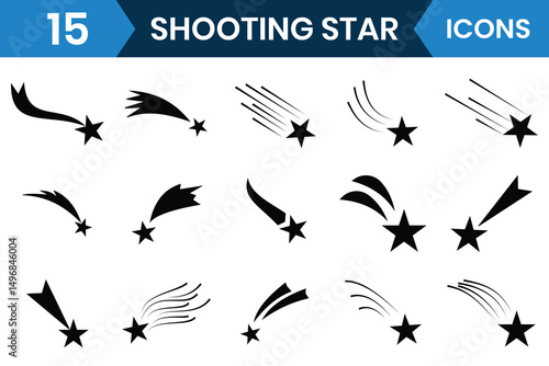 Shooting stars icon vector set design. Meteorite and flying comet symbols with tail. Silhouette of shooting star,  falling meteor, abstract galaxy element. Vector illustration.