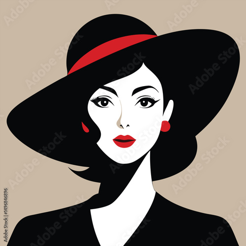 Elegant woman with wide-brimmed hat fashion illustration design