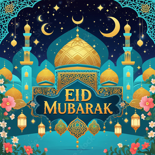 Elegant Eid al-Adha Mubarak Design Featuring Crescent Moon, Mosque Silhouette, and Islamic Ornament