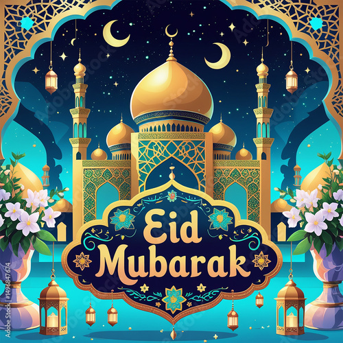 Elegant Eid al-Adha Mubarak Design Featuring Crescent Moon, Mosque Silhouette, and Islamic Ornament