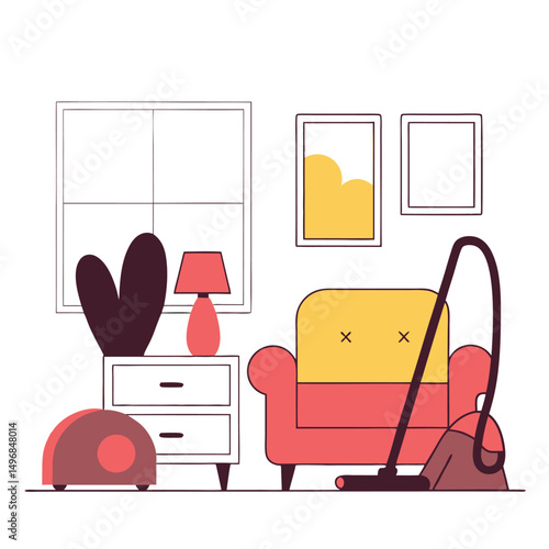 Minimalist living room illustration with an armchair and vacuum cleaner for a home cleaning concept.