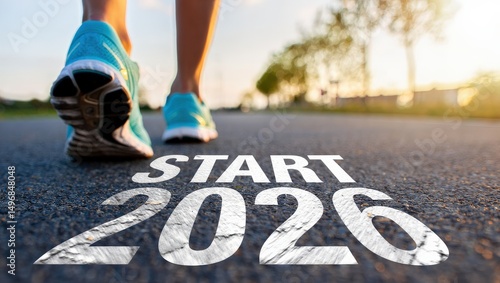 Wallpaper Mural Low-angle close-up of neon blue running shoes on asphalt with "START 2026" text, bathed in golden hour light. Torontodigital.ca