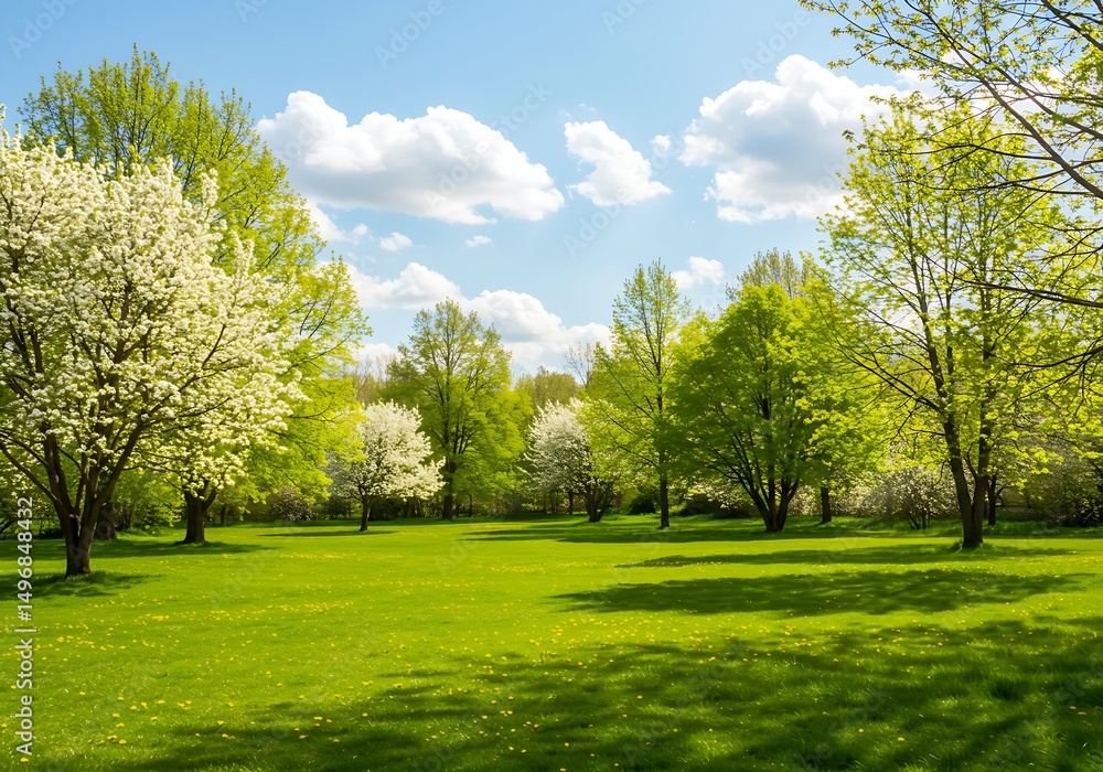Naklejka premium An idyllic outdoor setting with green grass, blooming trees, and a bright blue sky, creating a calming and natural atmosphere