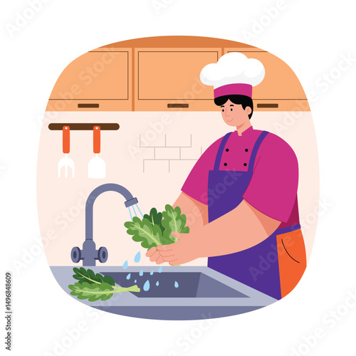 Washing Vegetables Vector Vector Illustration. EPS 10 File