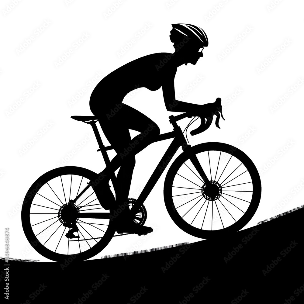 Fototapeta premium Cyclist Riding Uphill Silhouette on White Background