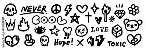 Hand Drawn Doodle Elements Set in Black with Brush Texture Including Skull Flames Hearts Dice Lightning Eyes Text Symbols and Icons in Bold Style Vector Illustration