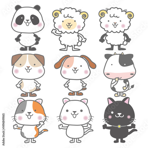Playful Cartoon Animal Collection: Panda, Sheep, Dog, Cat, Cow in Minimalist Pastel Grid for Kids' Decor & Learning