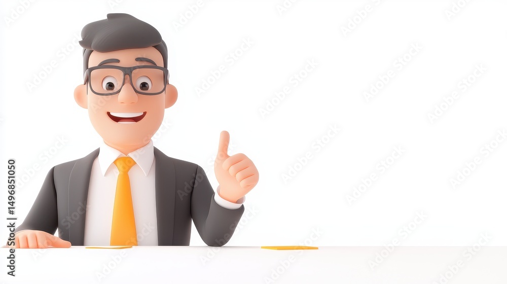 Animated businessman with glasses and an orange tie giving a thumbs up while smiling, against a white background. Animated businessman with glasses and an orange tie giving a thumbs up while smiling, against a white background.