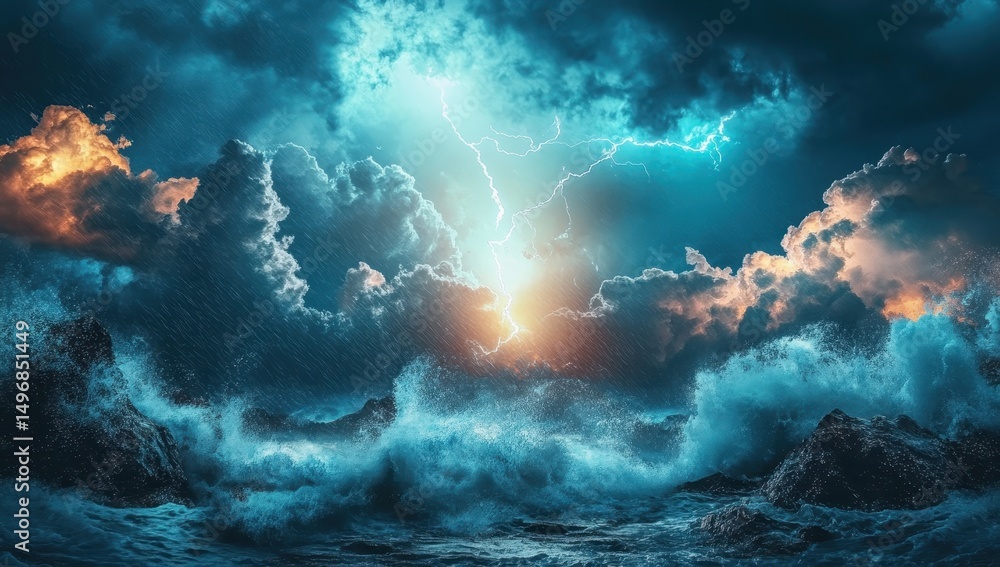 Fototapeta premium Stormy sea, dramatic lightning