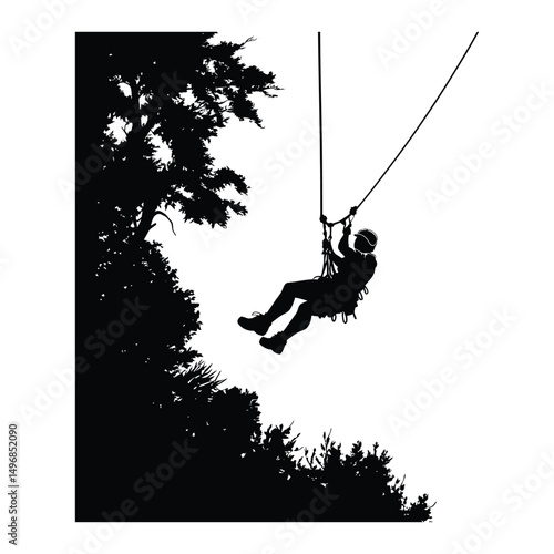 A person zip lining through a forest black silhouette
