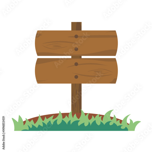 Isolated cartoon illustration of wooden pole with two information boards on top stuck in grassy ground