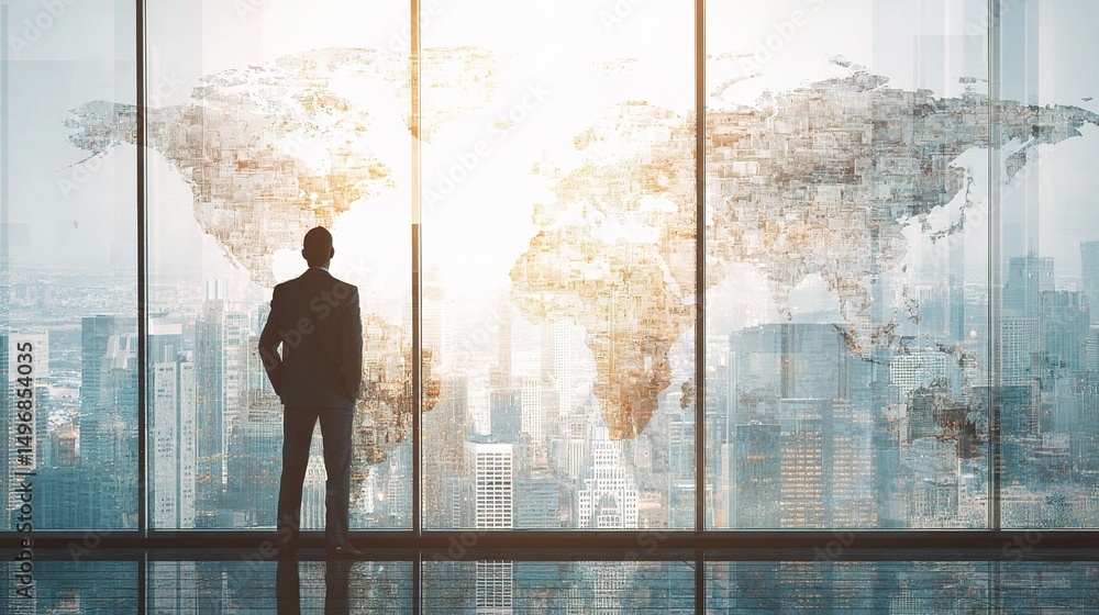 Fototapeta premium Business Leader Gazing Through Tall Window Over Cityscape Views