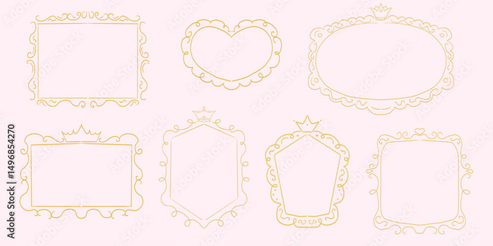 Princess cute pink frame sketch with crown swirl decorations. Simple doodle hand drawn border. Whimsical elegant vintage. Princess cute pink frame sketch with crown swirl decorations. Simple doodle hand drawn border. Whimsical elegant vintage.